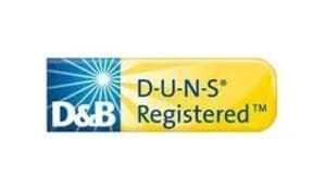 A yellow and blue logo for d & b duns registered