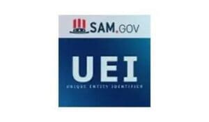 A blue square with the letters uei and sam. Gov underneath it